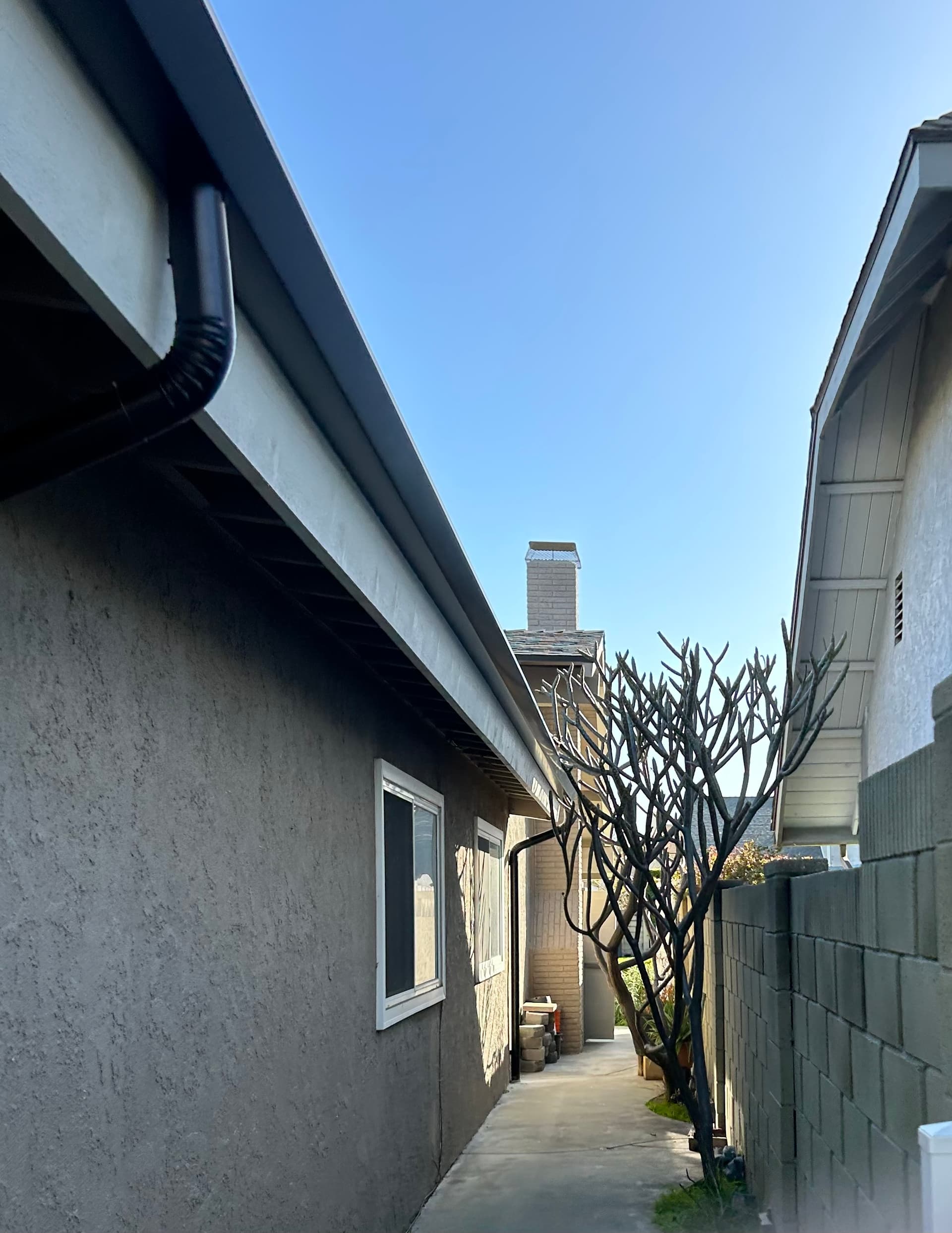Dark seamless gutter with downspout elbow along a stucco home side passage